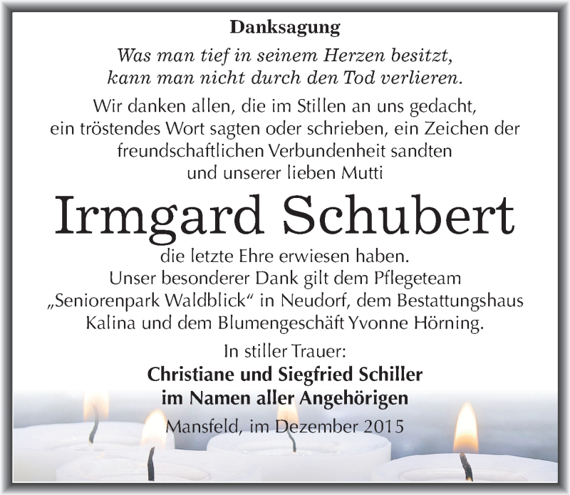  Traueranzeige für Irmgard Schubert vom 04.12.2015 aus Mitteldeutsche Zeitung Mansfelder Land
