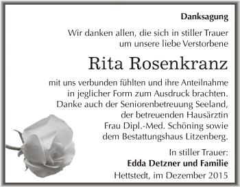 Traueranzeige von Rita Rosenkranz von Wochenspiegel Mansfelder Land