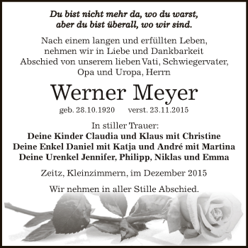 Traueranzeige von Werner Meyer von Super Sonntag Zeitz
