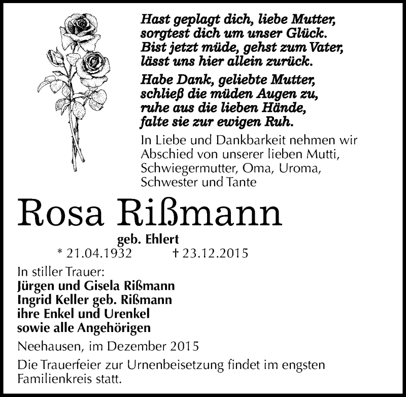  Traueranzeige für Rosa Rißmann vom 30.12.2015 aus Mitteldeutsche Zeitung Mansfelder Land
