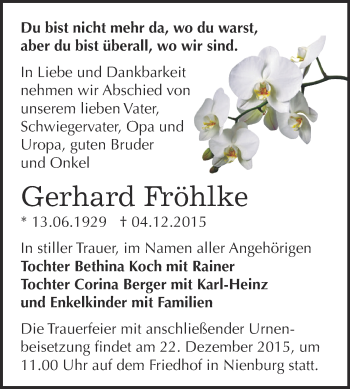 Traueranzeige von Gerhard Fröhlke von Super Sonntag Bernburg