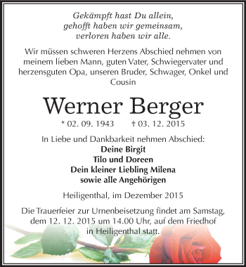 Traueranzeige von Werner Berger von Mitteldeutsche Zeitung Mansfelder Land