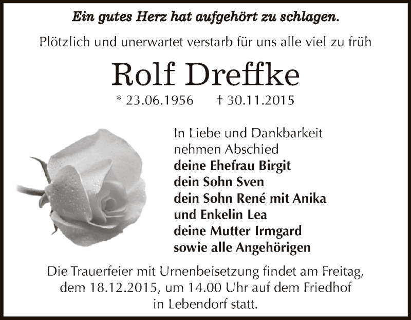  Traueranzeige für Rolf Dreffke vom 05.12.2015 aus Super Sonntag Bernburg