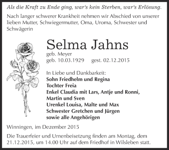 Traueranzeige von Selma Jahns von Super Sonntag Aschersleben