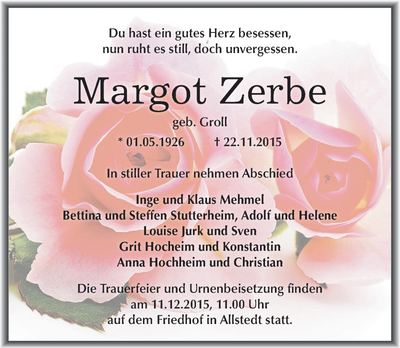 Traueranzeige für Margot Zerbe vom 08.12.2015 aus Mitteldeutsche Zeitung Sangerhausen