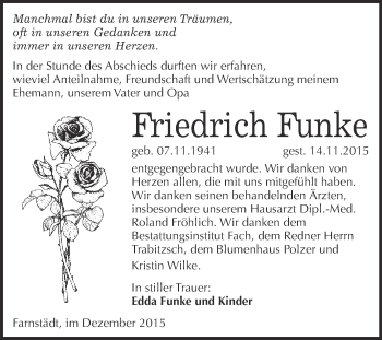 Traueranzeige von Friedrich Funke von WVG - Wochenspiegel Merseburg