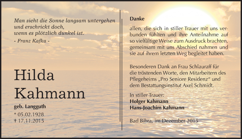  Traueranzeige für Hilda Kahmann vom 12.12.2015 aus Mitteldeutsche Zeitung Naumburg/Nebra