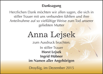 Traueranzeige von Anna Lejsek von Super Sonntag Zeitz
