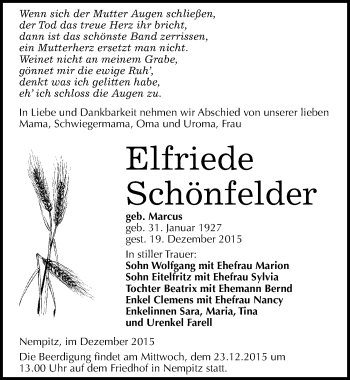 Traueranzeige von Elfriede Schönfelder von Mitteldeutsche Zeitung Merseburg/Querfurt