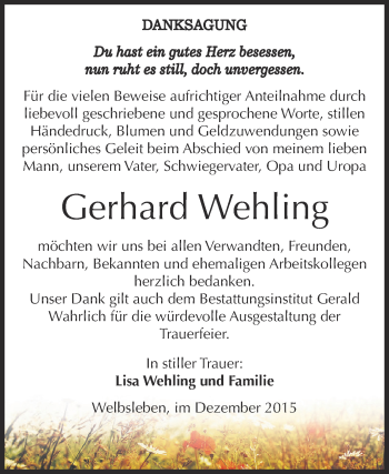 Traueranzeige von Gerhard Wehling von Super Sonntag SGH Mansf. Land