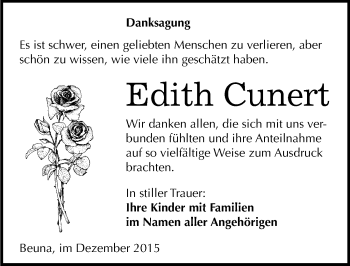 Traueranzeige von Edith Cunert von Mitteldeutsche Zeitung Merseburg/Querfurt