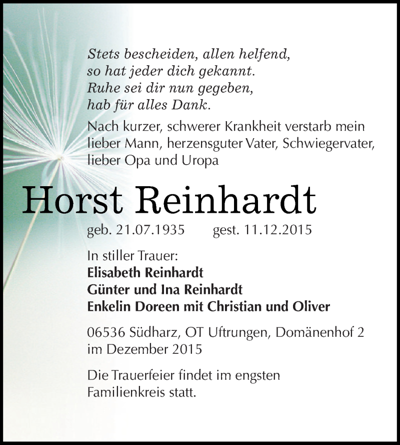  Traueranzeige für Horst Reinhardt vom 19.12.2015 aus Super Sonntag SGH Mansf. Land