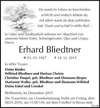 Traueranzeige von Erhard Bliedtner von Mitteldeutsche Zeitung Weißenfels