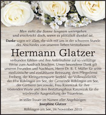 Traueranzeige von Hermann Glatzer von Mitteldeutsche Zeitung Mansfelder Land