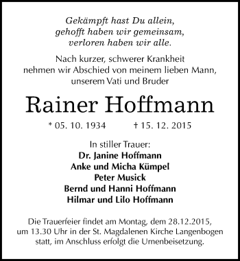 Traueranzeige von Rainer Hoffmann von Mitteldeutsche Zeitung Halle/Saalkreis