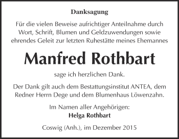 Traueranzeige von Manfred Rothbart von Super Sonntag Wittenberg