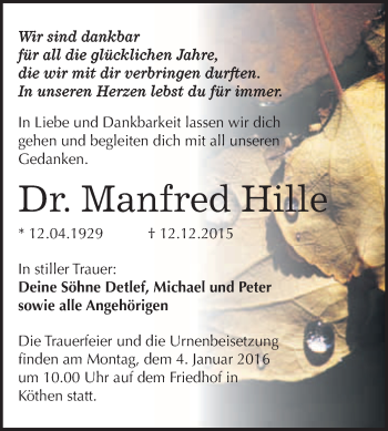 Traueranzeige von Manfred Hille von WVG - Wochenspiegel Quedlinburg