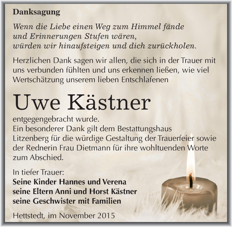  Traueranzeige für Uwe Kästner vom 03.12.2015 aus Mitteldeutsche Zeitung Mansfelder Land