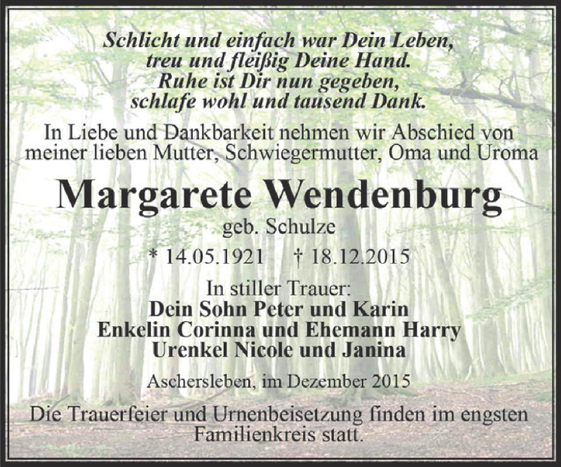  Traueranzeige für Margarete Wendenburg vom 30.12.2015 aus Super Sonntag Aschersleben