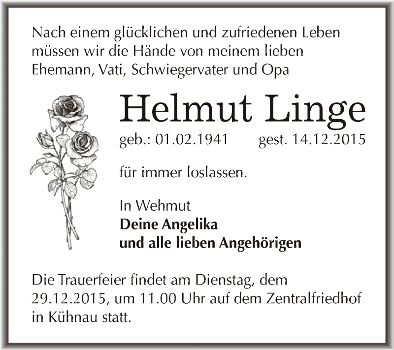  Traueranzeige für Helmut Linge vom 19.12.2015 aus WVG - Wochenspiegel Dessau / Köthen