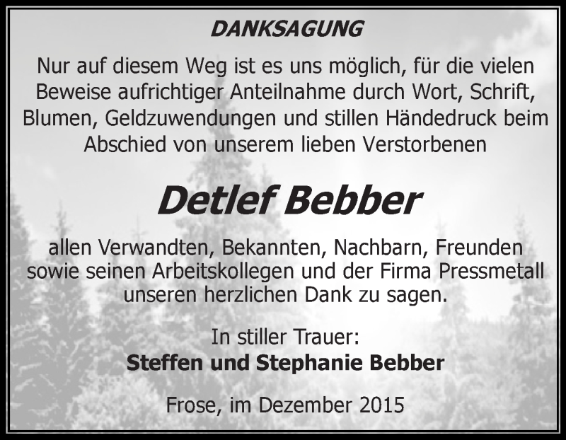  Traueranzeige für Detlef Bebber vom 30.12.2015 aus Super Sonntag Aschersleben