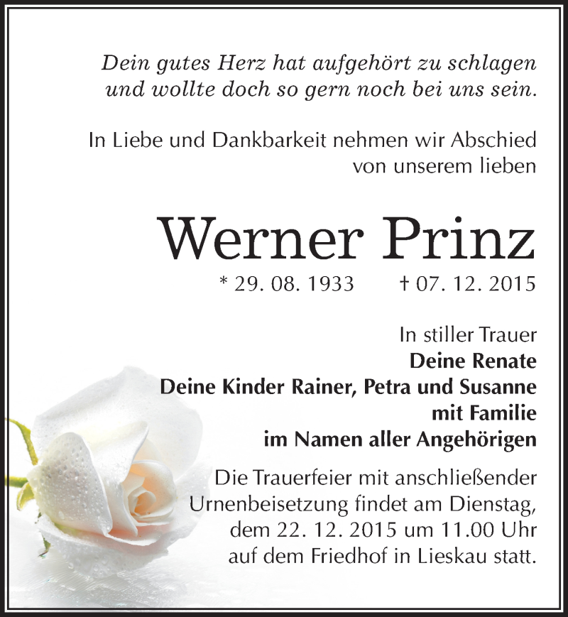  Traueranzeige für Werner Prinz vom 12.12.2015 aus Mitteldeutsche Zeitung Halle/Saalkreis