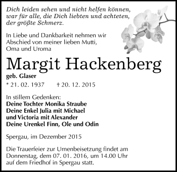 Traueranzeige von Margit Hackenberg von Mitteldeutsche Zeitung Merseburg/Querfurt