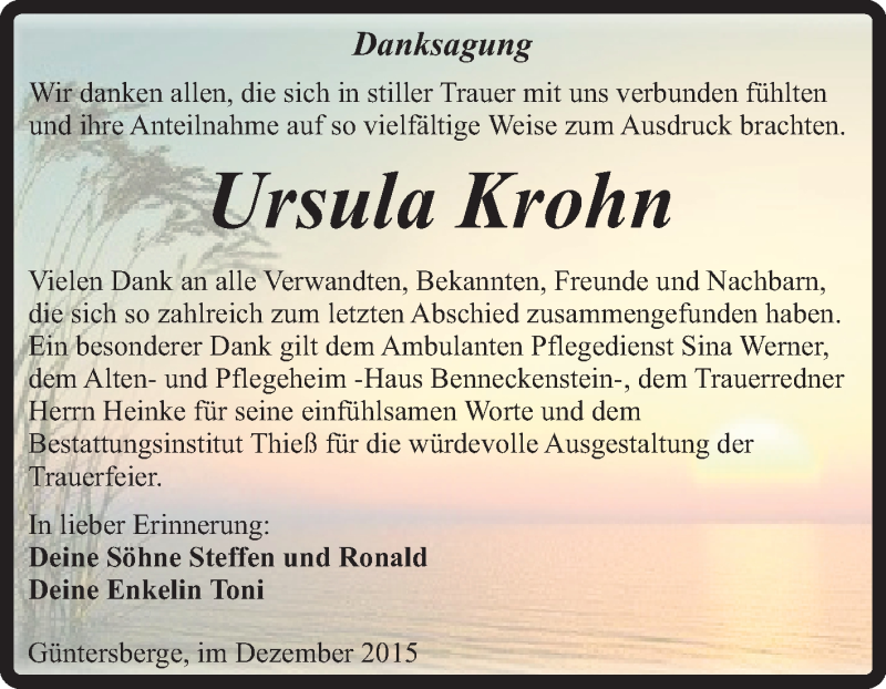  Traueranzeige für Ursula Krohn vom 19.12.2015 aus Super Sonntag Quedlinburg
