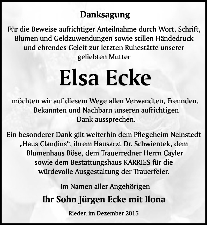  Traueranzeige für Elsa Ecke vom 28.12.2015 aus Mitteldeutsche Zeitung Quedlinburg