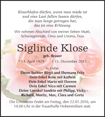 Traueranzeige von Siglinde Klose von WVG - Wochenspiegel NMB / WSF / ZTZ