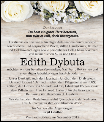 Traueranzeige von Edith Dybuta von WVG - Wochenspiegel Dessau / Köthen