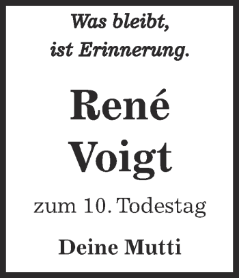 Traueranzeige von René Voigt von Super Sonntag Bernburg