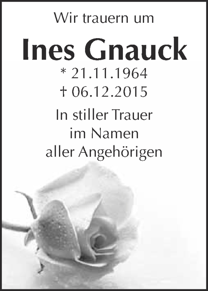  Traueranzeige für Ines Gnauck vom 19.12.2015 aus Super Sonntag Wittenberg