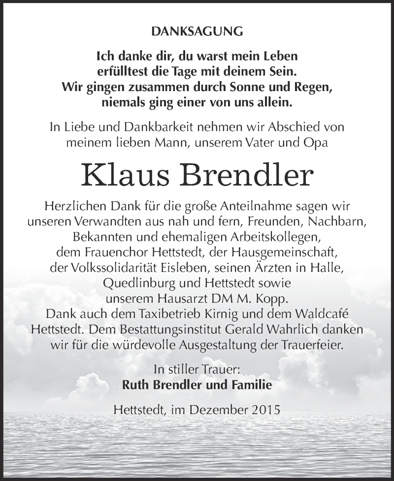  Traueranzeige für Klaus Brendler vom 05.12.2015 aus Super Sonntag SGH Mansf. Land