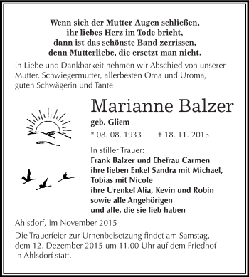 Traueranzeige von Marianne Balzer von Wochenspiegel Mansfelder Land