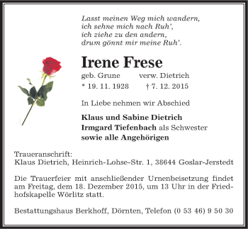 Traueranzeige von Irene Frese von Mitteldeutsche Zeitung Wittenberg