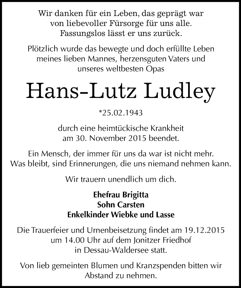  Traueranzeige für Hans-Lutz Ludley vom 05.12.2015 aus Mitteldeutsche Zeitung Dessau-Roßlau