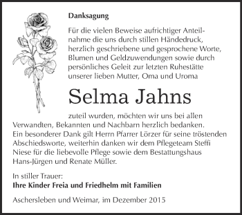 Traueranzeige von Selma Jahns von Super Sonntag Aschersleben