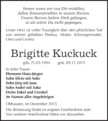 Traueranzeige von Brigitte Kuckuck von WVG - Wochenspiegel Merseburg