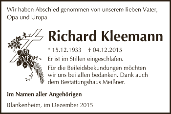 Traueranzeige von Richard Kleemann von Super Sonntag SGH Mansf. Land
