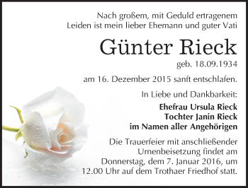 Traueranzeige von Günter Rieck von Mitteldeutsche Zeitung Halle/Saalkreis