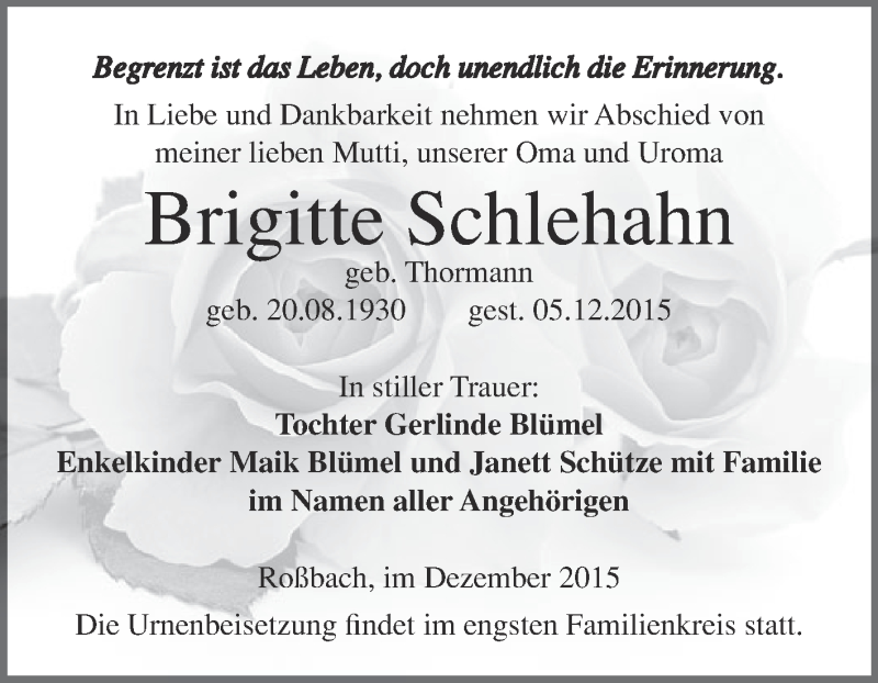  Traueranzeige für Brigitte Schlehahn vom 12.12.2015 aus WVG - Wochenspiegel Merseburg