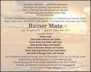 Traueranzeige von Rainer Matz von Mitteldeutsche Zeitung Köthen