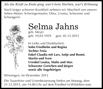 Traueranzeige von Selma Jahns von Mitteldeutsche Zeitung Aschersleben