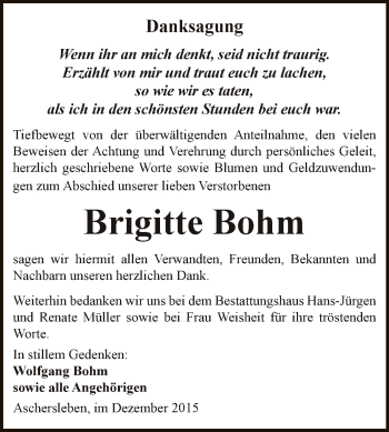 Traueranzeige von Brigitte Bohm von Super Sonntag Aschersleben