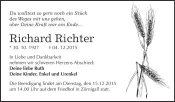 Traueranzeige von Richard Richter von WVG - Wochenspiegel Wittenberg