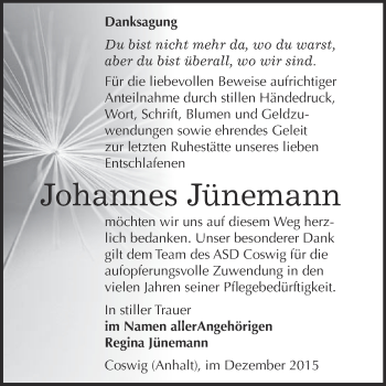 Traueranzeige von Johannes Jünemann von Super Sonntag Wittenberg