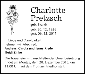 Traueranzeige von Charlotte Pretzsch von Mitteldeutsche Zeitung Halle/Saalkreis