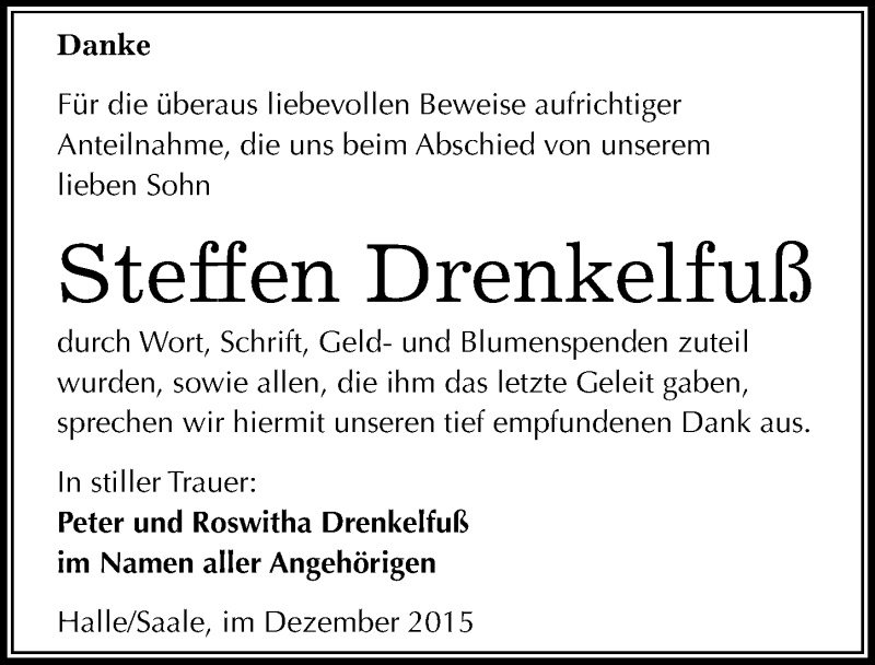  Traueranzeige für Steffen Drenkelfuß vom 05.12.2015 aus Mitteldeutsche Zeitung Halle/Saalkreis