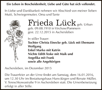 Traueranzeige von Frieda Lück von Super Sonntag Aschersleben